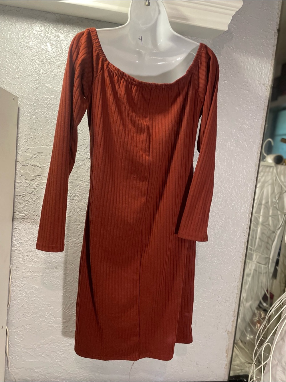 Button-Front Ribbed Long Sleeve Dress - Rust - Picture 4 of 7